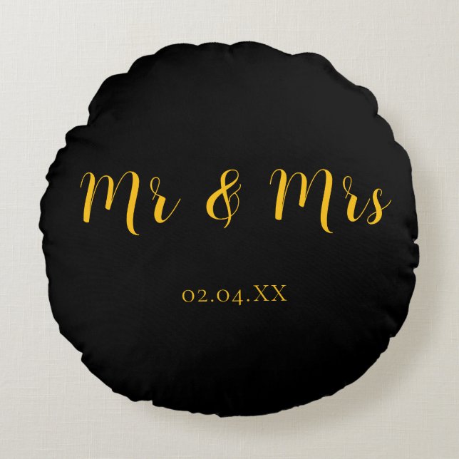 Cojín Redondo Personalizado Negro con Amarillo Sr y Sra (Anverso)