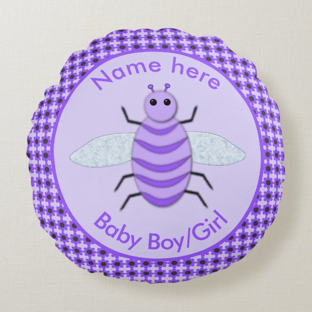 Cojín Redondo Personalizado Neutral de Abeja Cute Purple Bee (Anverso)