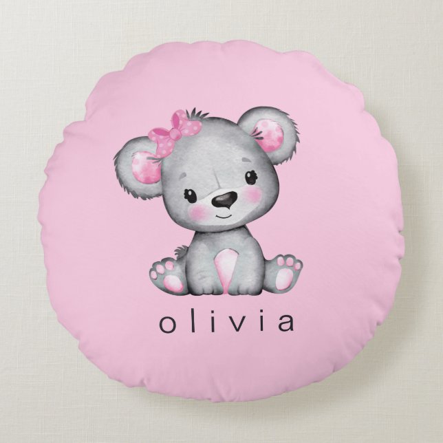Cojín Redondo Personalizado Teddy Bear Baby Girl Pink (Anverso)