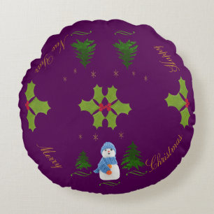 Cojín Redondo Personalizar, hombre de nieve, árbol de Navidad, r
