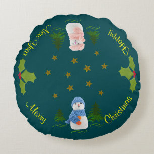 Cojín Redondo Personalizar, hombre de nieve, árbol de Navidad, r