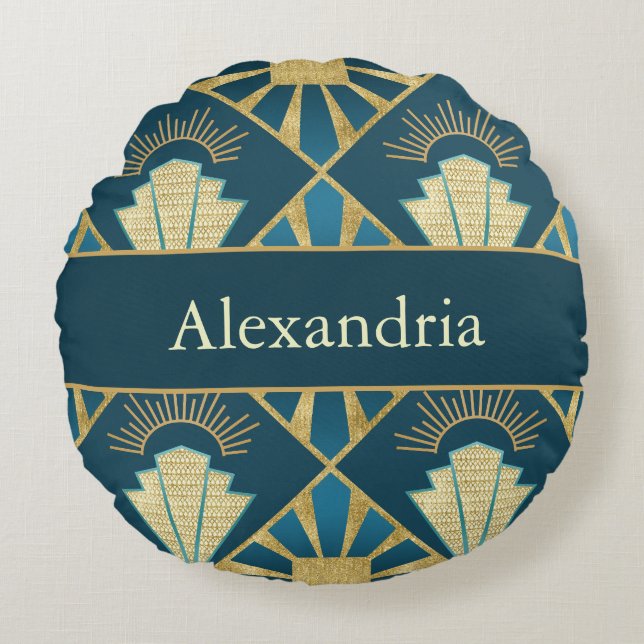 Cojín Redondo Personalized Art Deco Teal & Gold Geometric Name  (Anverso)