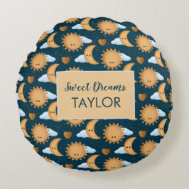 Cojín Redondo Personalized Blue Gold Sun Moon Sweet Dreams Name