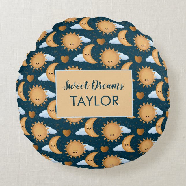 Cojín Redondo Personalized Blue Gold Sun Moon Sweet Dreams Name (Anverso)