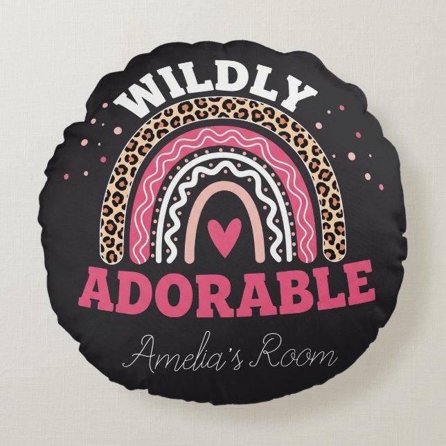Cojín Redondo Personalized Boho Leopard Rainbow Nursery Round  (Anverso)
