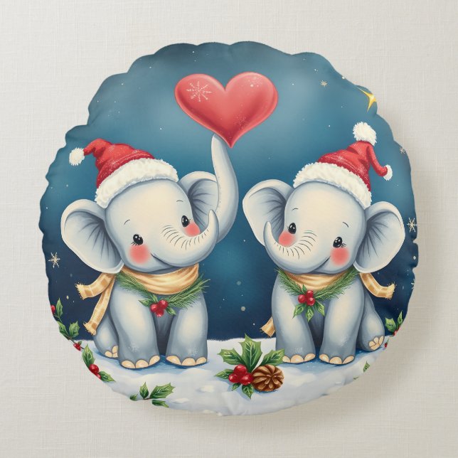 Cojín Redondo Personalized Christmas Pillow Duo Love Elephants (Anverso)