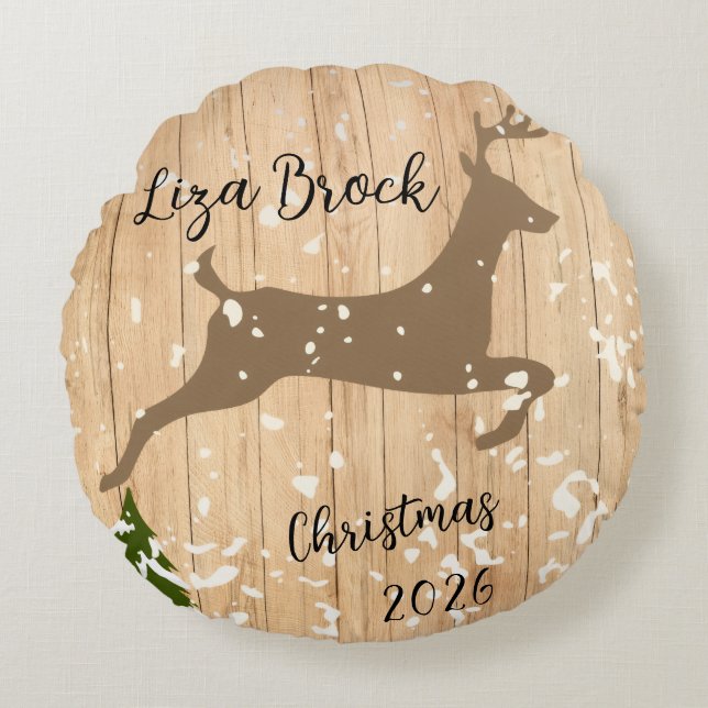 Cojín Redondo Personalized doe Christmas bauble wooden backgroun (Anverso)