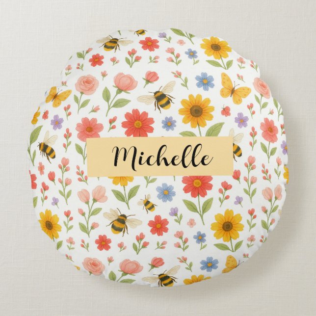 Cojín Redondo Personalized Floral Bee Round Pillow (Anverso)