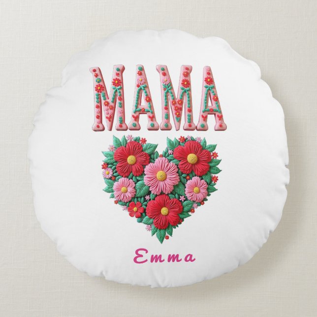 Cojín Redondo Personalized Mama Heart Floral Custom Gift (Anverso)