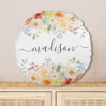 Cojín Redondo Personalized Name Monogram Watercolor Sunny Floral<br><div class="desc">Introducing our Personalized Name Monogram Watercolor Sunny Floral Round Pillow. Featuring watercolor illustration of flower arrangement with bright colors and editable elegant calligraphy text that can be personalized your kid's name. Suitable as a gift for babies and girls.</div>