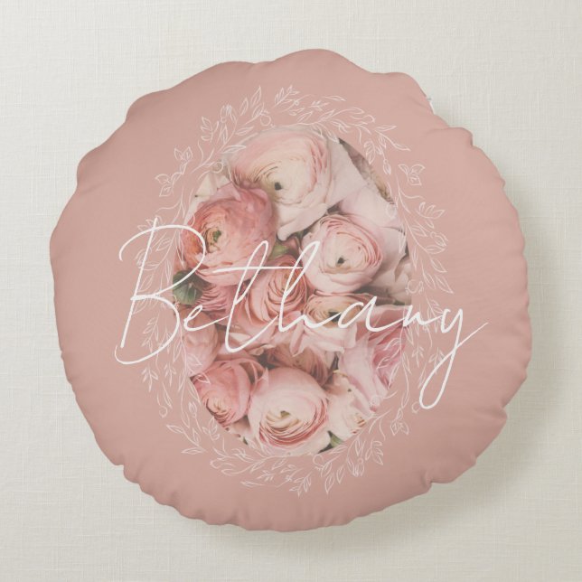 Cojín Redondo Personalized Pink Roses Romantic Elegant Vintage  (Reverso)