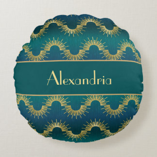 Cojín Redondo Personalized Teal & Gold Art Deco Sunburst Name