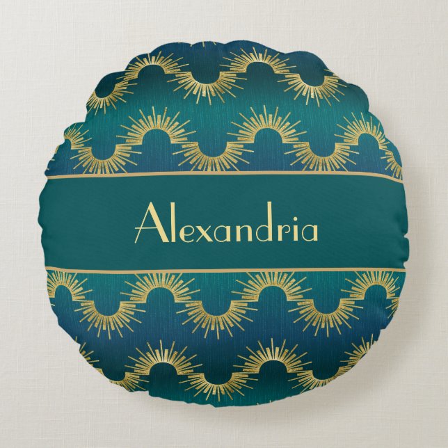 Cojín Redondo Personalized Teal & Gold Art Deco Sunburst Name (Anverso)