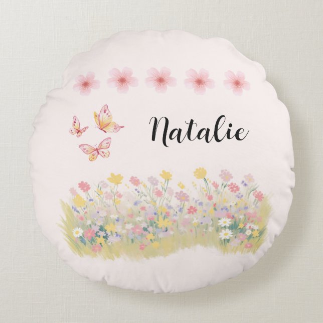 Cojín Redondo Personalized Wildflower & Butterfly Round Pillow (Anverso)