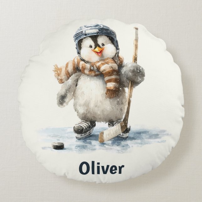 Cojín Redondo Personalized Winter Penguin Hockey Kid (Anverso)