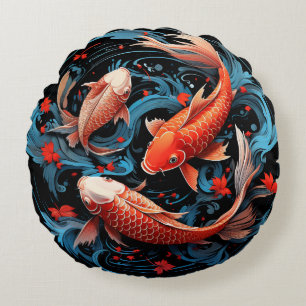 Cojín Redondo Pescado artístico de Koi con base negra