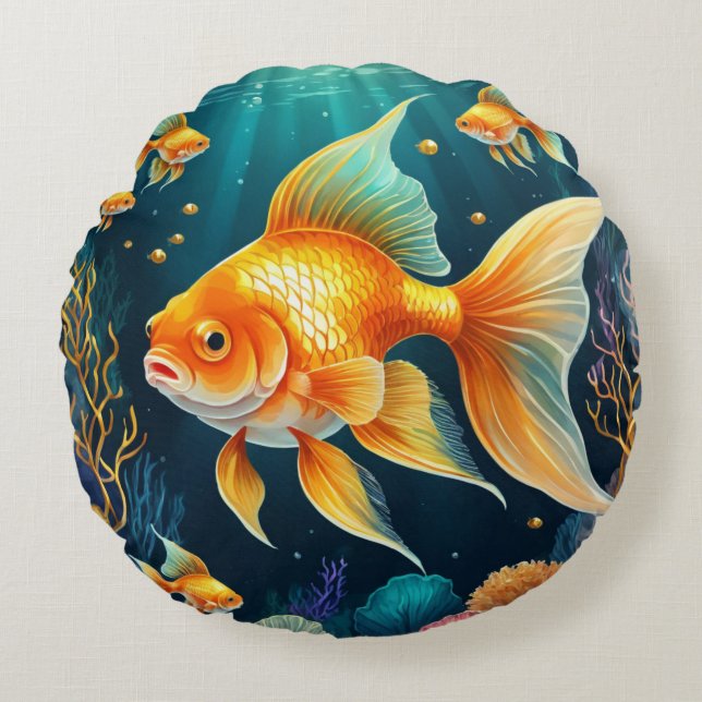 Cojín Redondo Pescado de oro en aguas submarinas (Anverso)