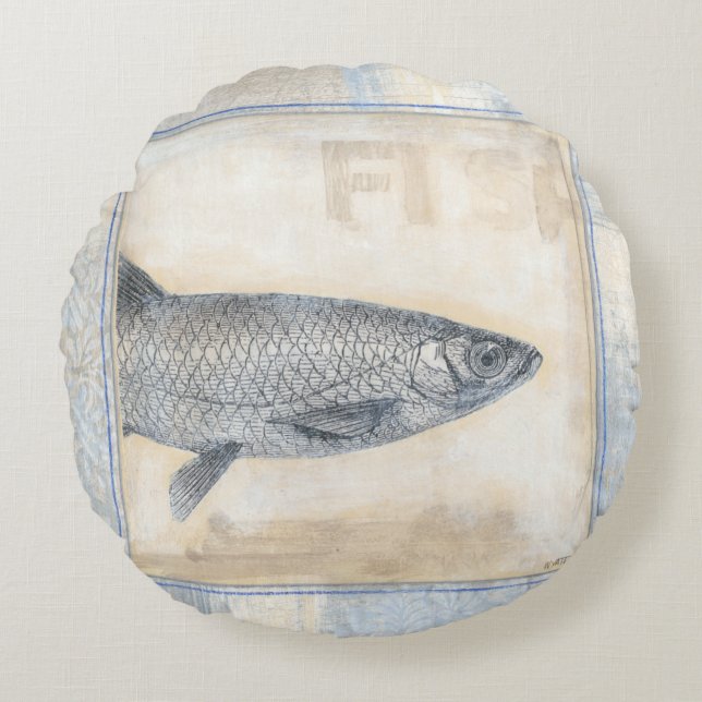 Cojín Redondo Pescado gris en fondo beige (Anverso)