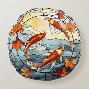 Cojín Redondo Pescado japonés de Koi y hojas de otoño