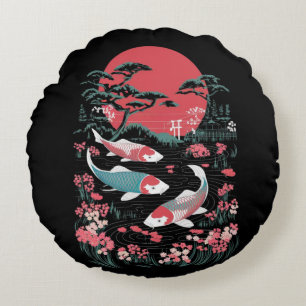 Cojín Redondo Pescado japonés Koi - Sol rojo y estanque Sakura