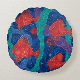 Cojín Redondo Pescado rojo, algas marinas, animales marinos, art