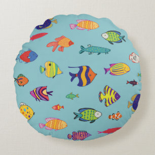 Cojín Redondo Pescado tropical, patrón de línea vintage