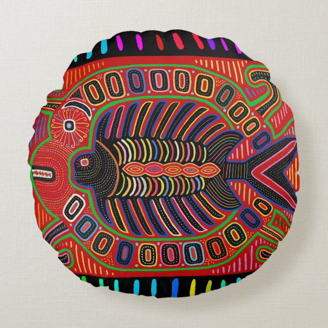 Cojín Redondo Pescado volador de Mola indio de Cuna (Anverso)