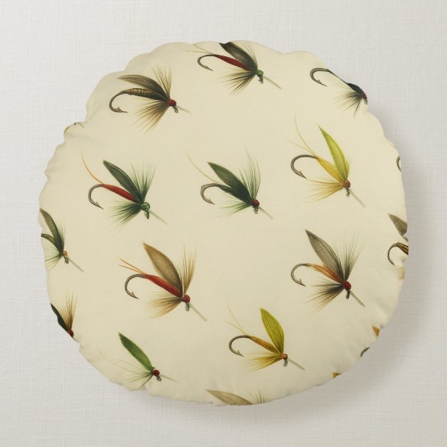 Cojín Redondo Pescadores vuelan con trucha pescadora Moscas acuá (Anverso)