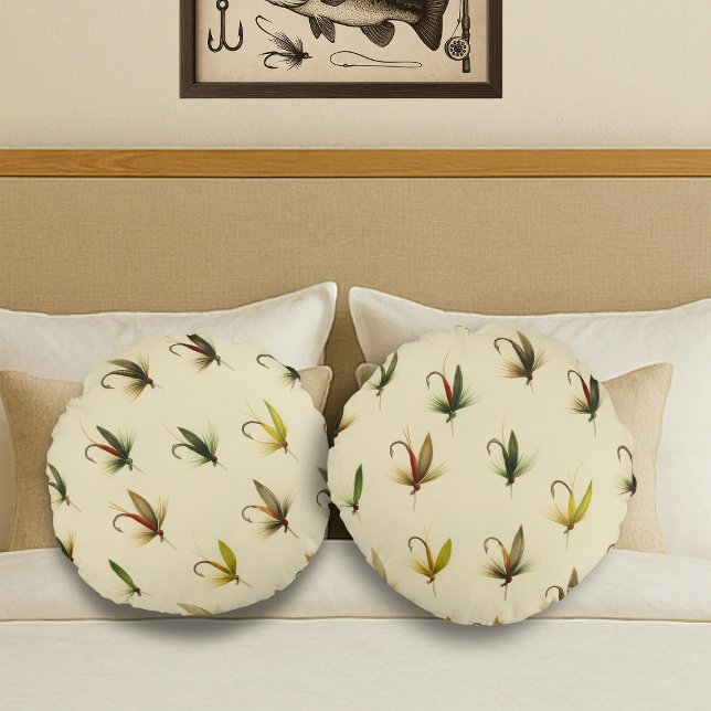 Cojín Redondo Pescadores vuelan con trucha pescadora Moscas acuá (Subido por el creador)