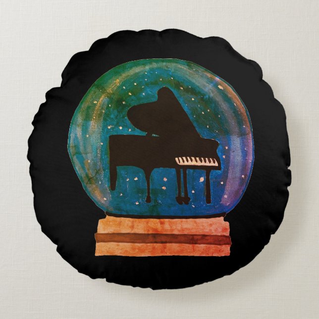 Cojín Redondo Piano en un globo de nieve (Anverso)