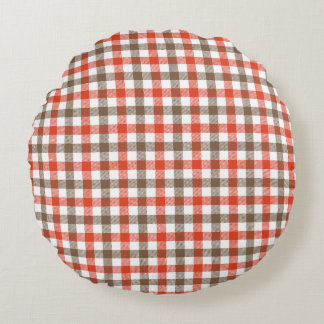 Cojín Redondo Pícnic Campestre Rojo y Blanco Gingham con Marrón 