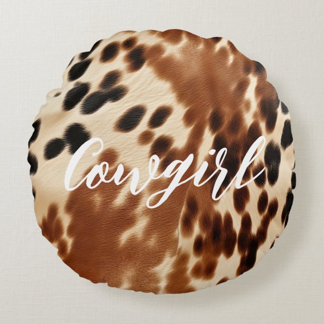 Cojín Redondo Piel de vaca Blanco Marrón Vocero Occidental (Anverso)