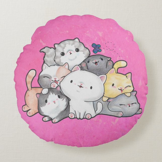 Cojín Redondo Pila de gatitos (Anverso)