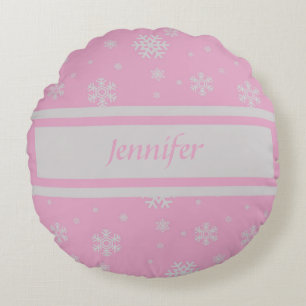 Cojín Redondo Pilar de copo de nieve rosa ligero personalizado