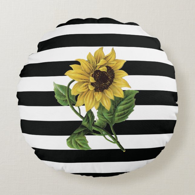 Cojín Redondo Pilar de girasol personalizado en franjas negra y  (Anverso)