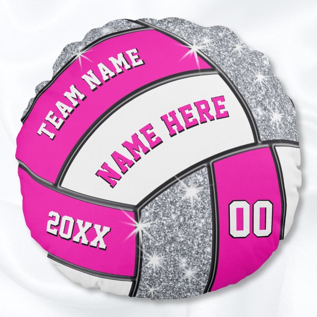 Cojín Redondo Pilar de voleibol personalizado rosa, blanco y pla (Round volleyball pillow. Pink and white volleyball pillow. Unique volleyball gifts for girls.)