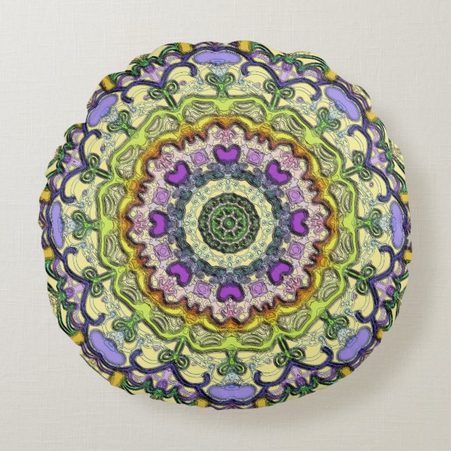 Cojín Redondo Pilar redondo amarillo morado clásico y tradiciona (Anverso)