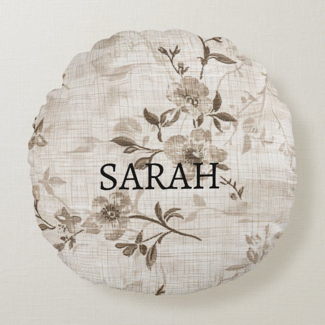 Cojín Redondo Pilar redondo con patrón floral marrón (Anverso)