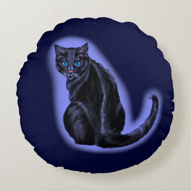 Cojín Redondo Pilar redondo de gato negro de ojos azules (Anverso)