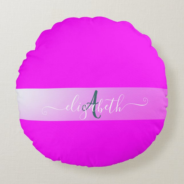 Cojín Redondo Pilar redondo de monograma fluorescente rosa (Anverso)