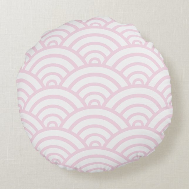 Cojín Redondo Pilar redondo de patrón de vieira rosa y blanco (Reverso)