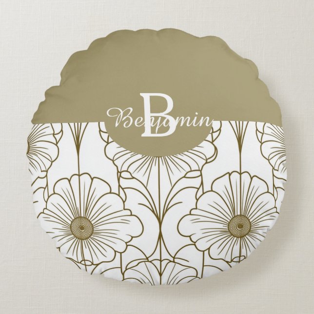 Cojín Redondo Pilar redondo de patrón floral de línea dorada (Anverso)