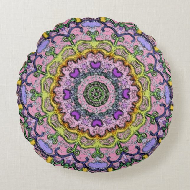 Cojín Redondo Pilar redondo rosa morado clásico y tradicional (Anverso)