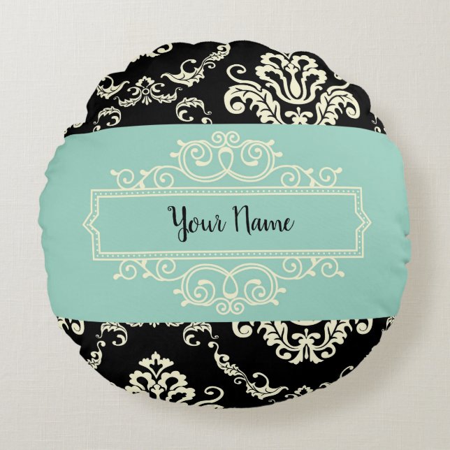 Cojín Redondo Pilar redondo verde y negro de Damasco personaliza (Anverso)