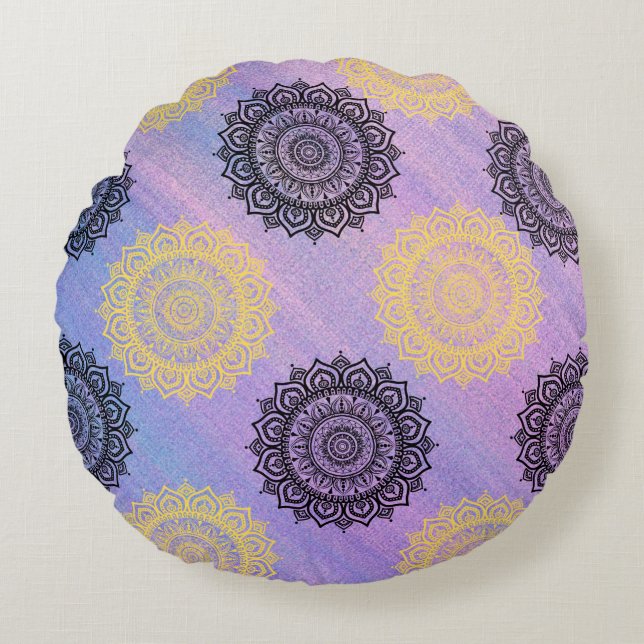 Cojín Redondo Pillow con flores redondeadas amarillas y negras (Anverso)