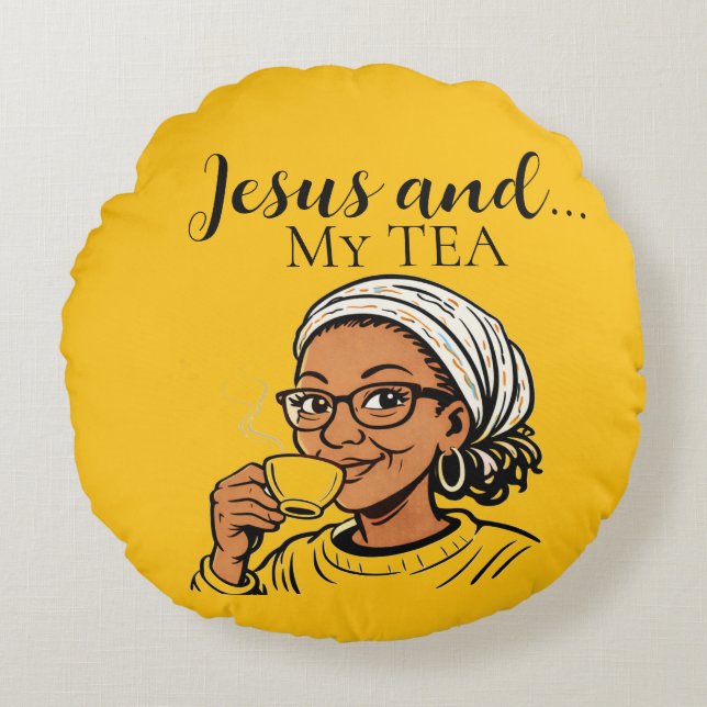 Cojín Redondo Pillow depicting Jesus and My Tea (Anverso)