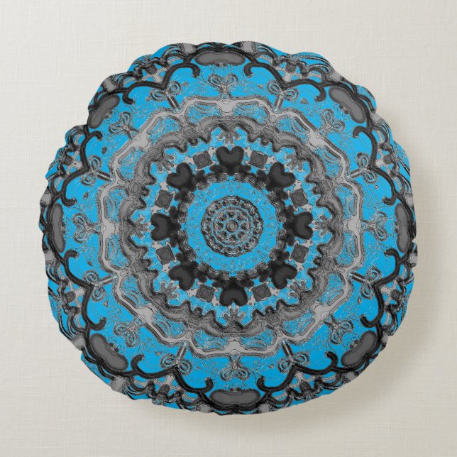 Cojín Redondo Pillow redonda de Mandala negra y turquesa (Anverso)