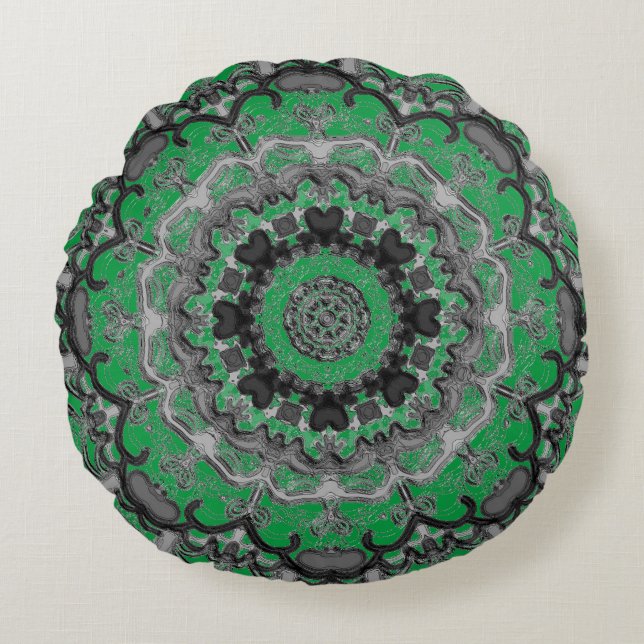 Cojín Redondo Pillow redonda de Mandala verde y negro (Anverso)