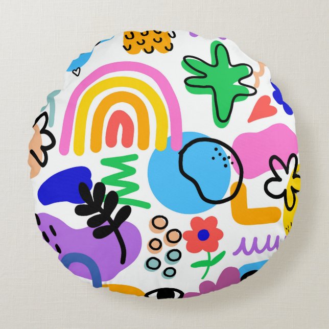 Cojín Redondo pillows with colorful abstract designs (Anverso)