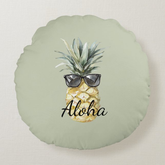 Cojín Redondo Piña Aloha Tropical Verde con Gafas de Sol (Anverso)